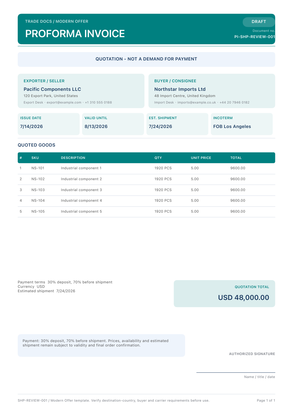 Proforma Invoice template preview
