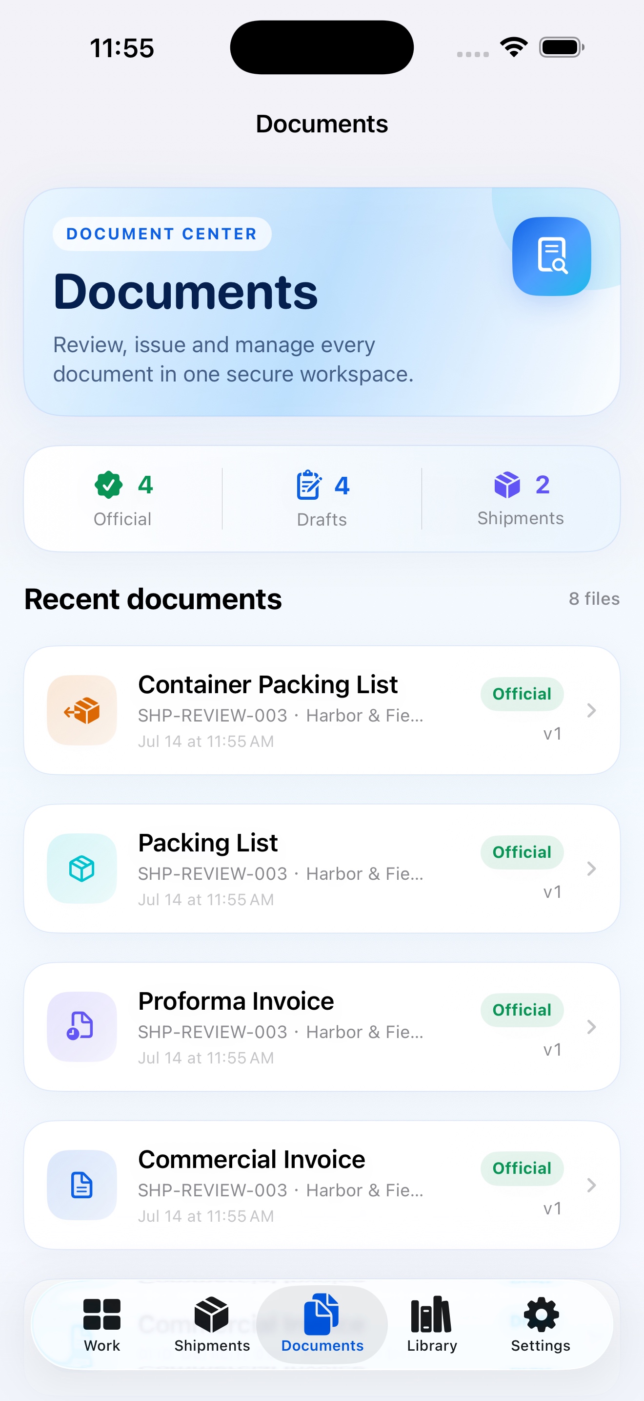 CargoQuill documents screen on iPhone