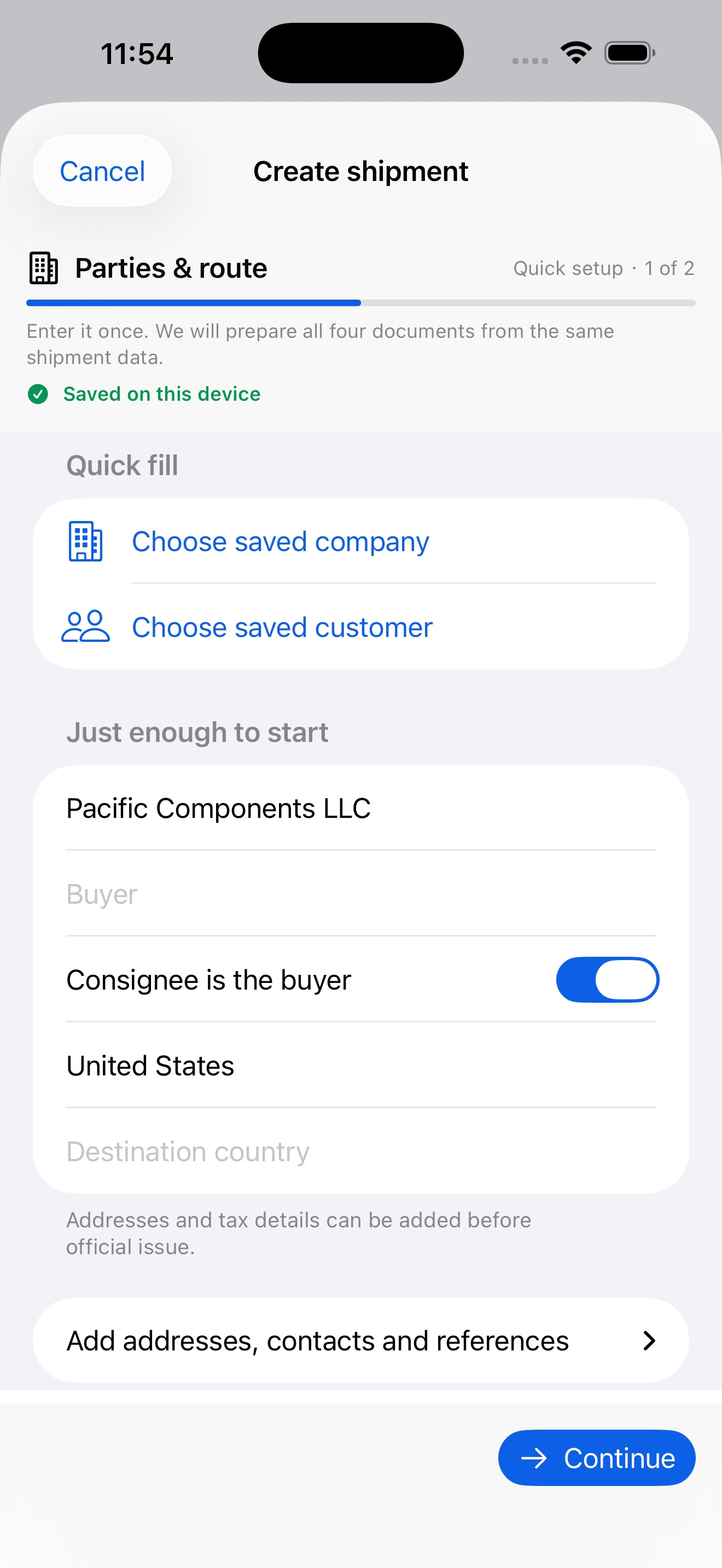 CargoQuill quick create screen on iPhone
